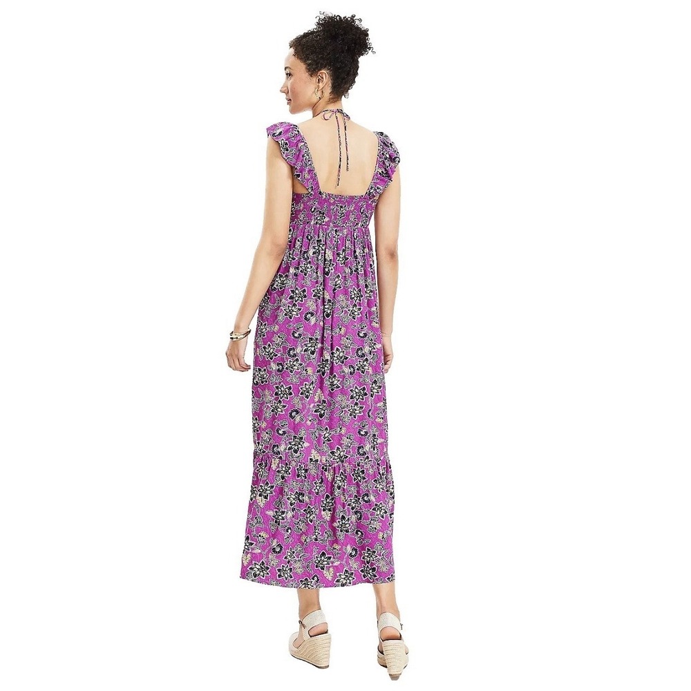 NWT LOFT Purple Clover Hibiscus Ruffle Midi Halter Dress Sz. 4 Cottagecore - Picture 2 of 10
